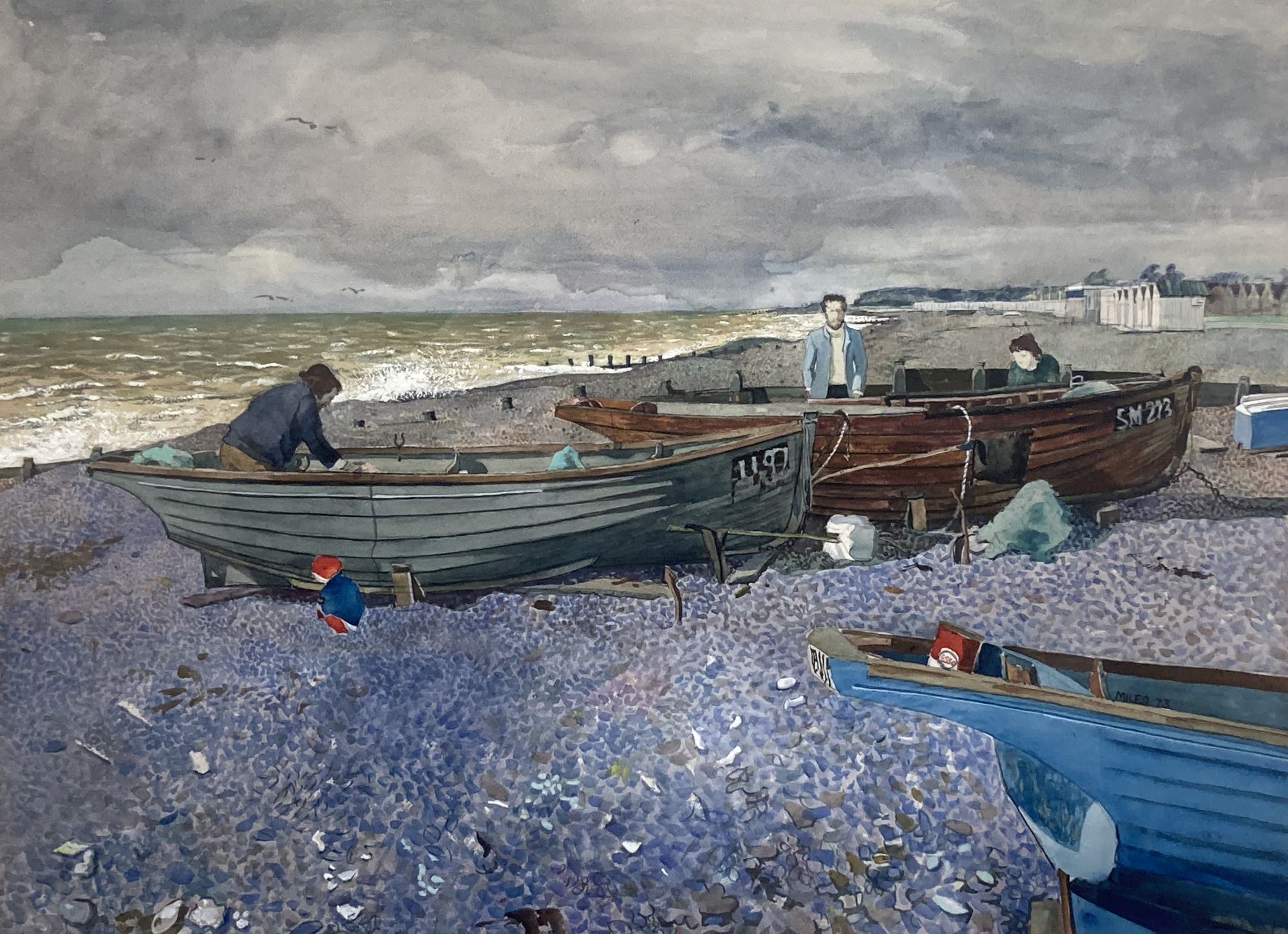 Miles 73, watercolour, Fishermen and boats on the shore, signed and dated, 51 x 70cm